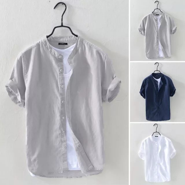 INCERUN Men Short Sleeve Collarless T Shirt Casual Basic Smart Top Solid Blouse