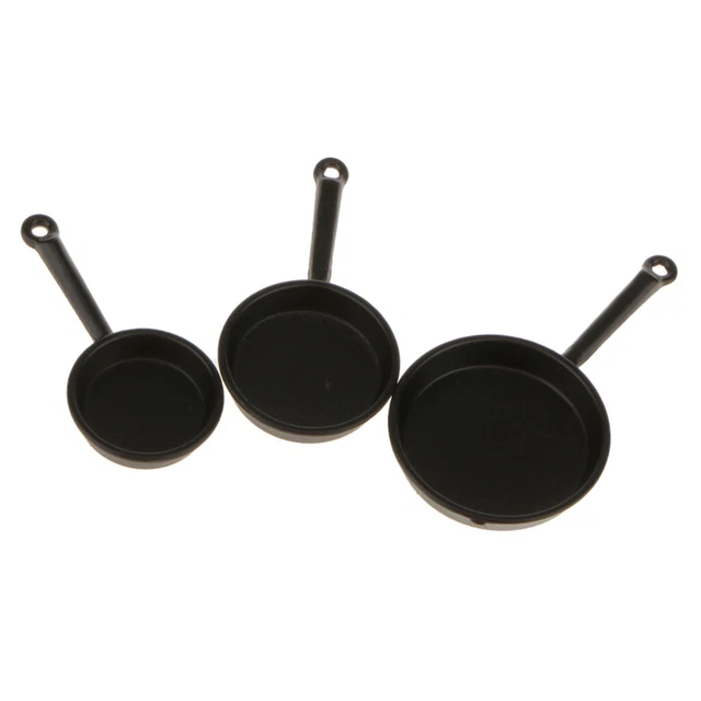 3pcs 1/12 Puppenhaus Miniatur Schwarze Bratpfanne mit Griff  Kochen Zubehör