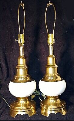 Vintage Pair Of MCM Stiffel Brass And White Enamel Table Lamp