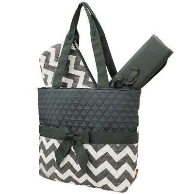 Grey and grey/white chevron quilted Diaper Bag w/changing pad and small bag NWT
