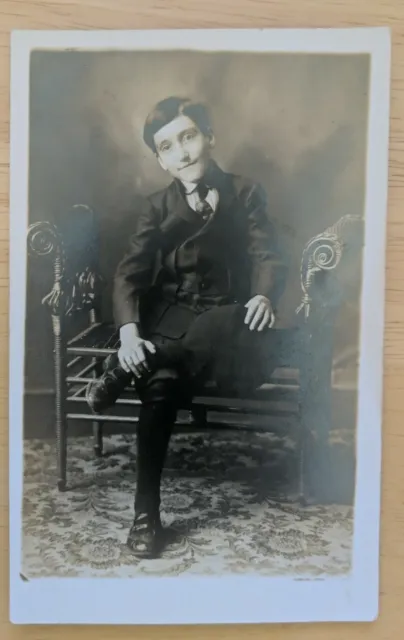 Antique Real Photo Postcard, Smiling Boy Posing In Chair