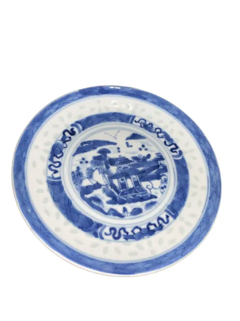 Antique Pagoda Blue/White Chinese Rice Grain 6” Plate Signed