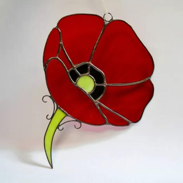 Red Poppy Stained Glass Suncatcher - Flower Sun Catcher Window Panel Art Hanging
