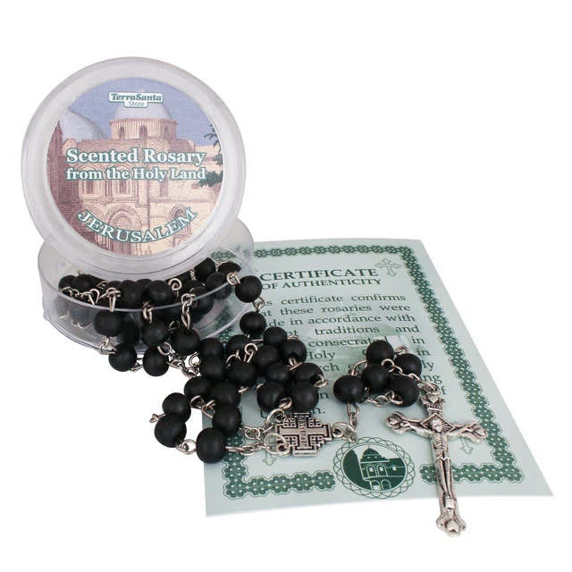 Scented Catholic Black Wooden Rosary Prayer Beaded Jerusalem Cross Crucifix 18.5