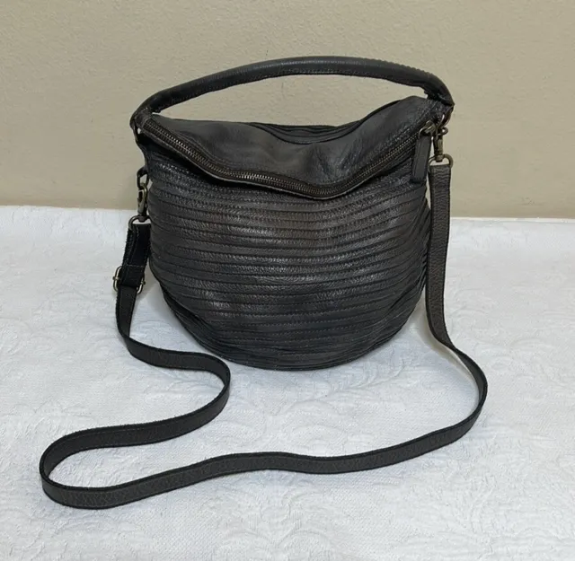 Majo Angelina Gray Leather Slouchy Round Crossbody Top Handle Medium Size Bag