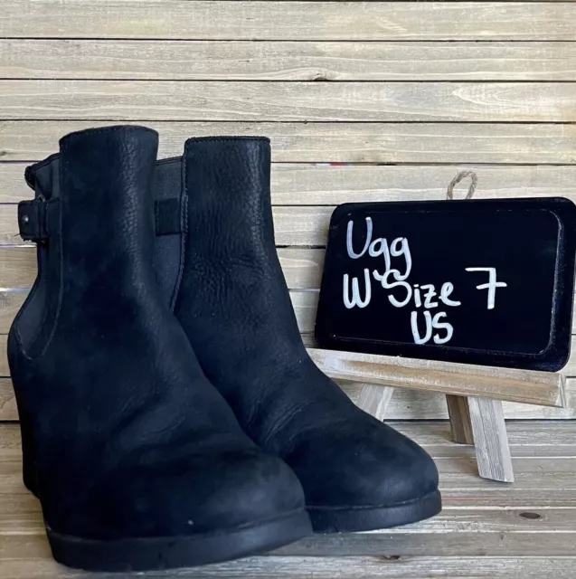 WOMENS UGG INDRA Black Suede Waterproof Wedge Ankle Boots Booties Size ...