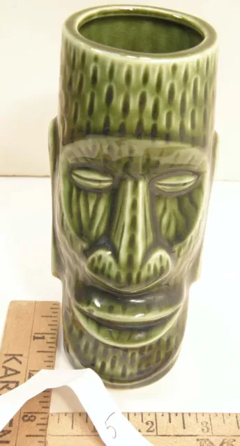 Vintage Green Ceramic Moai Tiki Mug Polynesian Style 6 3/4" Tall 2
