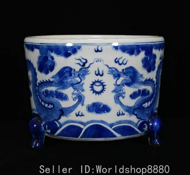 7.6" Old Chinese Blue White Porcelain Fengshui Pair Dragon Incense Burner Censer