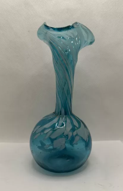 Vintage Hand Blown Art Glass Blue & White Splatter Bud Vase w/ Ruffled Rim 7.5"