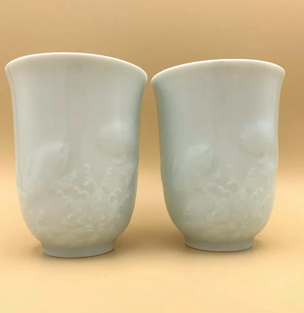 Green Celadon Glaze Porcelain￼ Cups Koi Fish Chinese