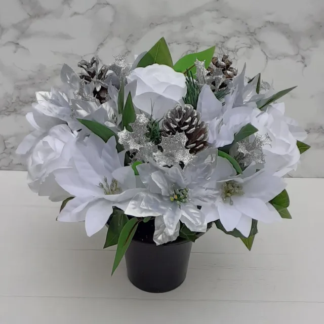 Artificial Silk Flowers White & Silver Weighted Christmas Grave Pot Arrangement