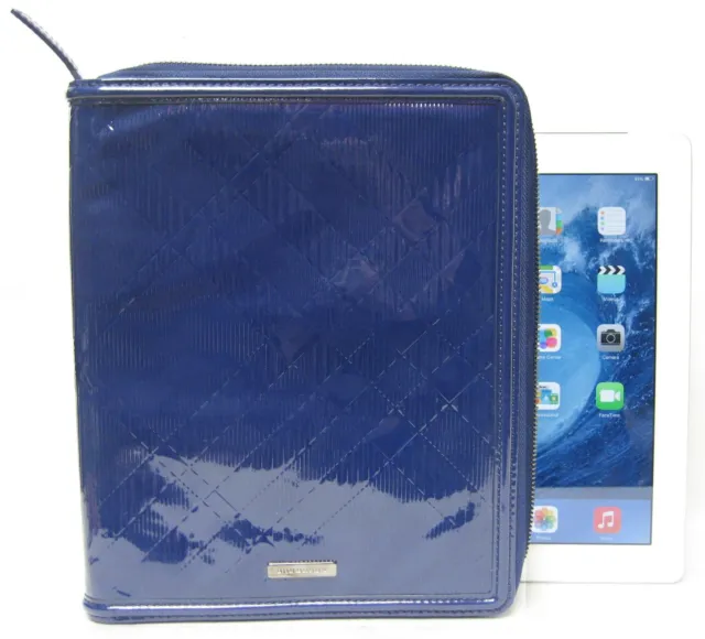 $475 Burberry Check Embossed Patent Leather iPad Cover Case Zip Blue Men Women