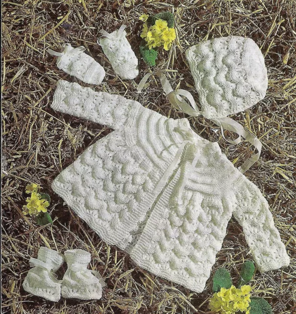 KNITTING PATTERN Baby Girls Lacy Matinee Coat Cardigan Bonnet Boots DK 19 - 20"