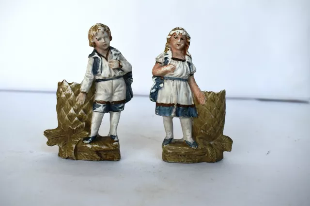 Vintage German Bisque Boy & Girl Figurine Spill Vase Flower Bud Vase Statue 2 Pc 2