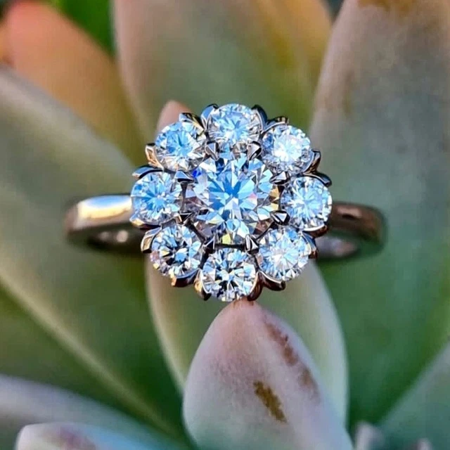 REAL Round Cut Moissanite Cluster Halo Engagement Ring In 14K White Gold Plated