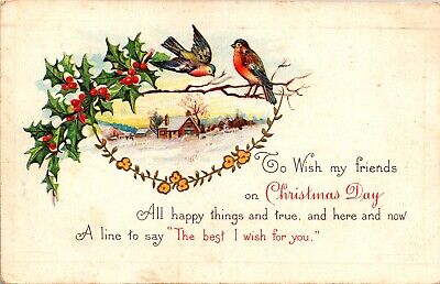 Christmas Day Wishes Snowy Farm Scene Holly Birds c1924 Embossed Postcard