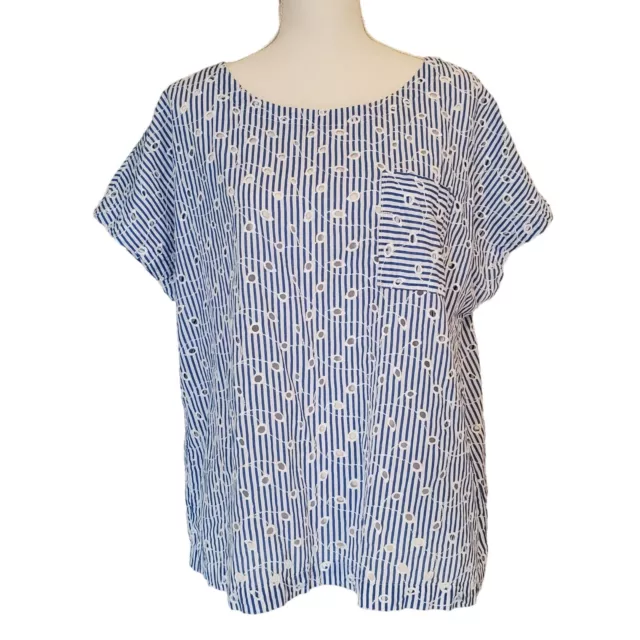 Liz Claiborne Blue & White Striped Cotton Embroidered Eyelet Top Women's Large