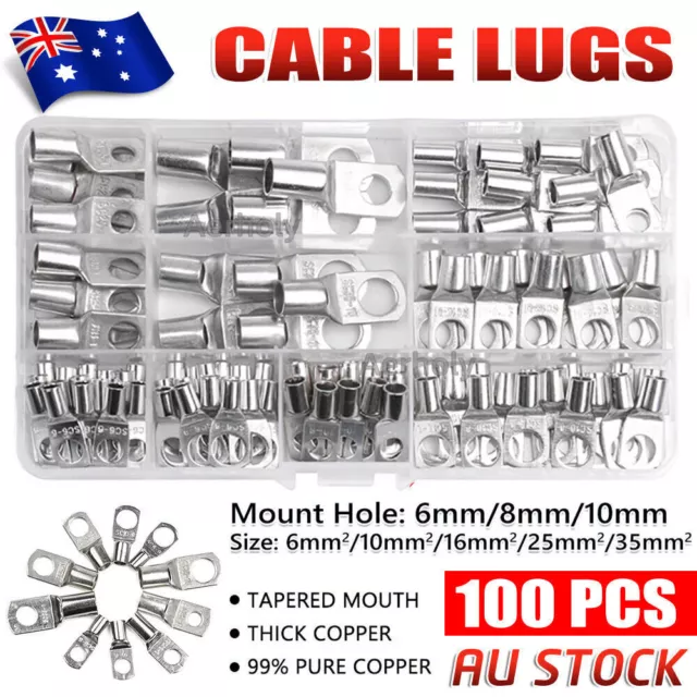 100 x Battery Copper Cable Lugs Crimper Terminal Eyelet Wire Ring Connector Kit
