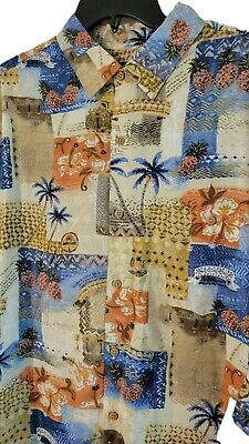 Pronto Uomo Hawaiian Tropical Shirt XL Beach Seashell Palm Floral Blue Tan Orang