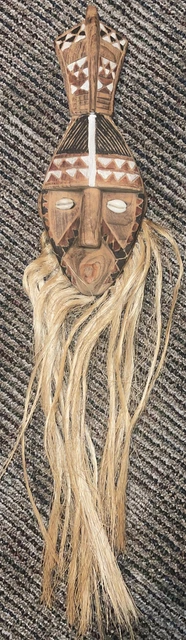 Vintage African Hand Made Mask from the Ivory Coast Long Beard Lays Flat On Wall