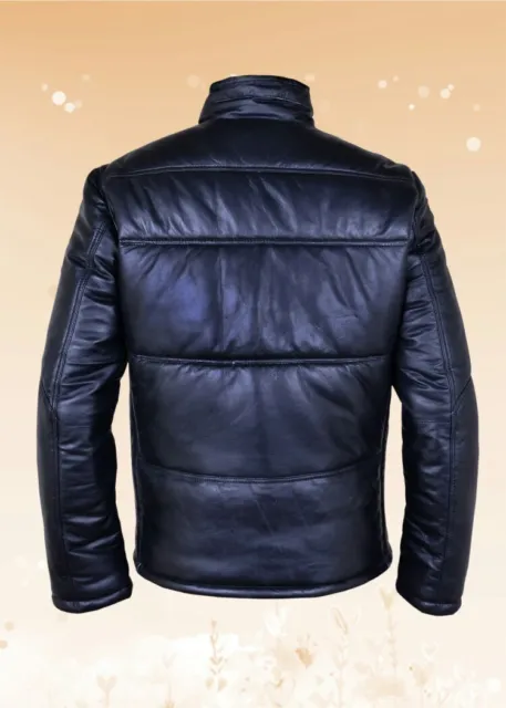 New Mens Black Genuine Leather Puffer Quilted Bomber Funnel Jacket Size S-5XL 3