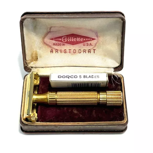 Vintage 1940s Gillette Aristocrat Gold Fat Handle Safety Razor in Original Case