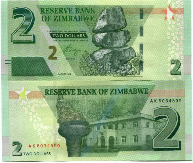 Zimbabwe 2 $ Nouveau Dollar 2019 Papier-monnaie hybride non circulé x 5... 2