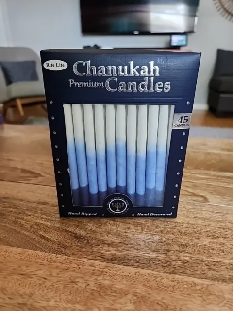 Rite-Lite Premium Chanukah Candles. Handcrafted, Blue/White Stripe. Box of 45