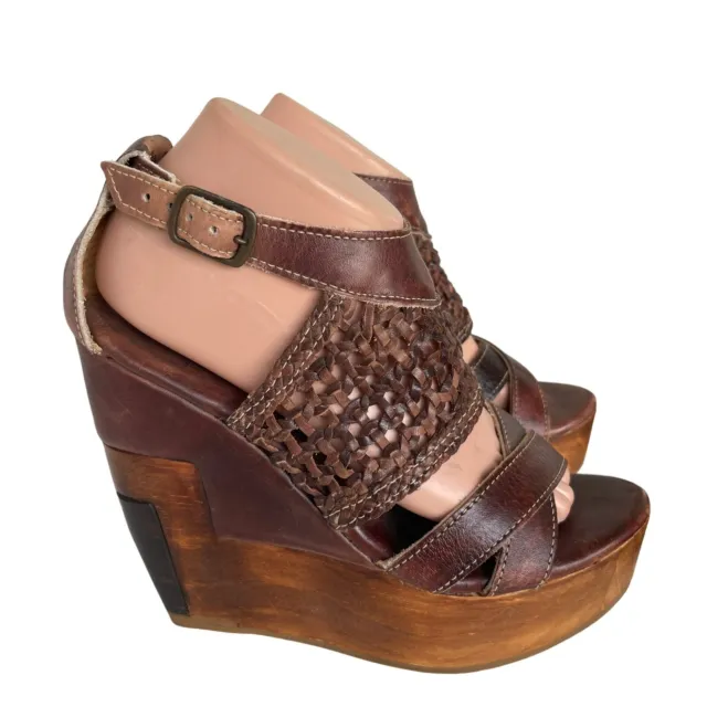 Bed Stu Petra Leather Wedge Platform Sandal Heel Distressed Teak Driftwood Sz 9