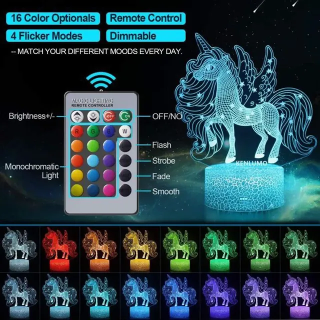 Fée Licorne 3D Lampe de nuit Lampe de chevet LED télécommande 16 couleurs USB 2