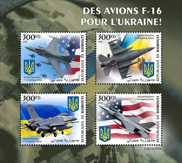 UKRAINE WAR F-16 Fighting Falcon Aircraft & Flags Stamp Sheet (2023 Djibouti)