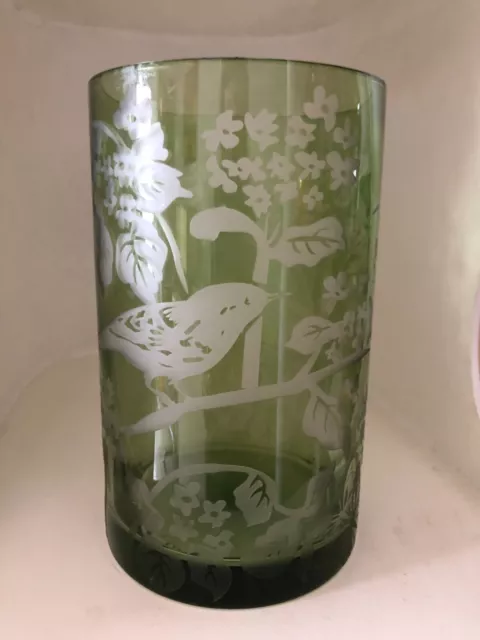 ⭕ Joli et grand photophore vase design en verre décor papillons oiseau gravé