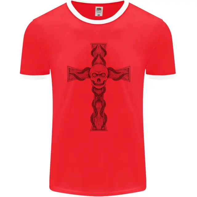 A Gothic Skull and Tentacles on a Cross Mens Ringer T-Shirt FotL