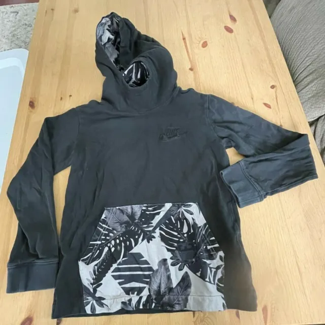 Nike Child L Black Pullover Hoodie Tee Bold Leaf Print Pouch and Hood Lining