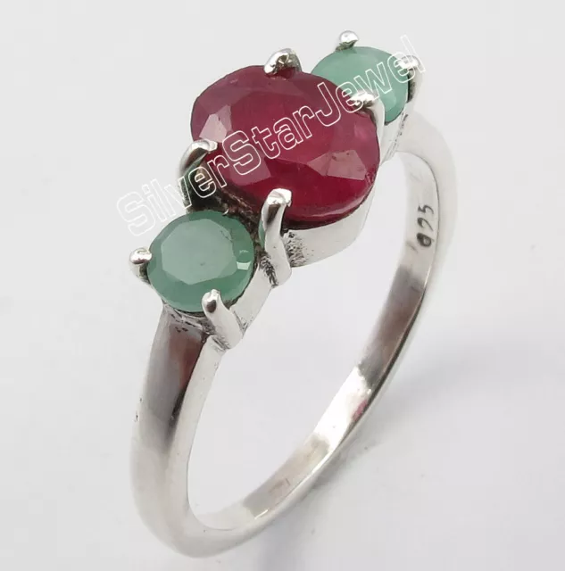 .925 PURE Silver Sparkling EMERALD & RUBY CUT STONES NICE 4 Prong Ring Any Size