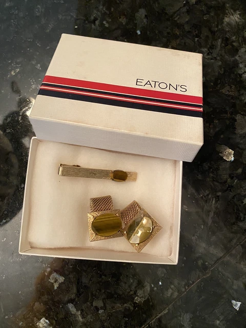 Mesh Wrap Cufflink Tie Tack Pin set ~ Agate Stone Gold Tone Vintage