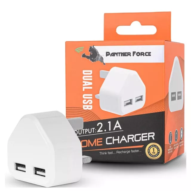 UK Mains 3 Pin Plug Adapter Wall Charger With 2 USB Ports For Phones Tablets CE