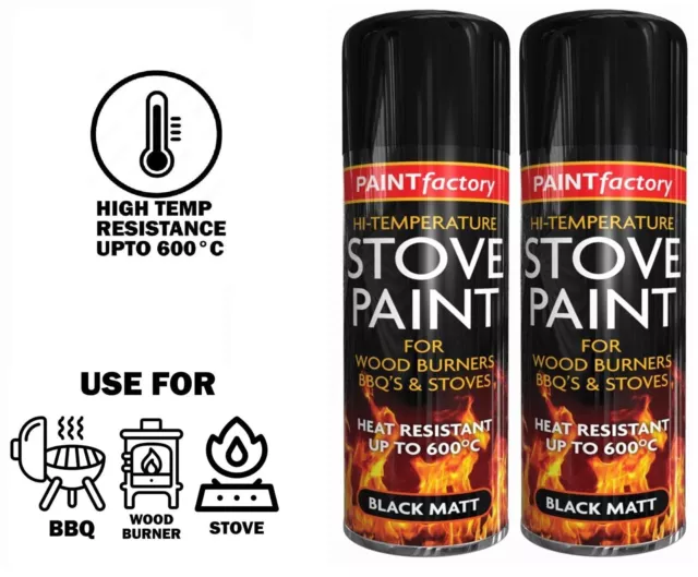 2 x Heat Resistant Black Matt Spray Paint High Temperature Stove BBQ's Grill