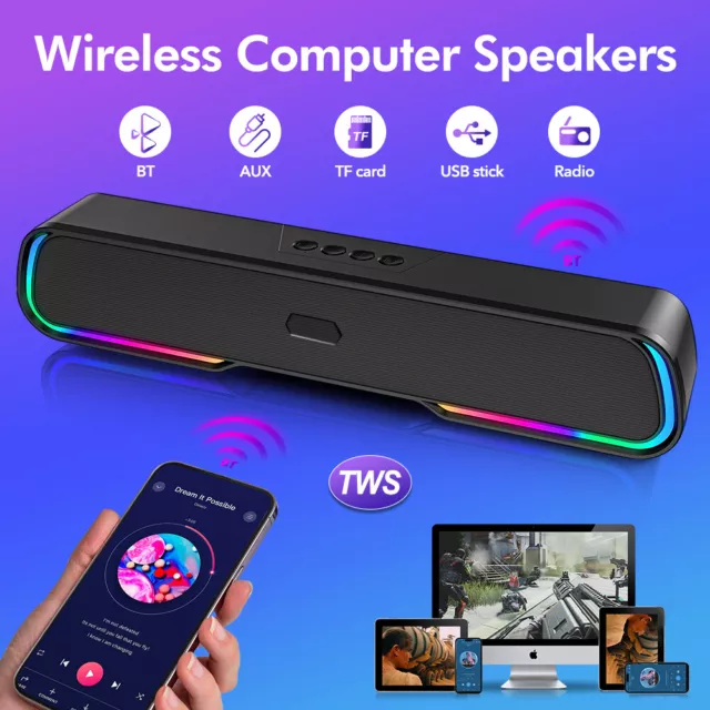 Wireless Computer Speaker Bluetooth Stereo Sound Bar for Desktop PC Laptop TV