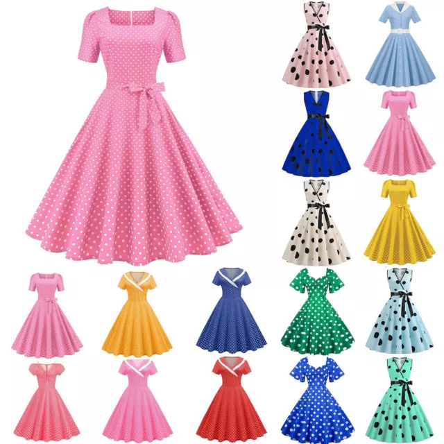 1950s Vintage Womens Polka Dot Dress Bowknot Audrey Hepburn Style Party Dresses