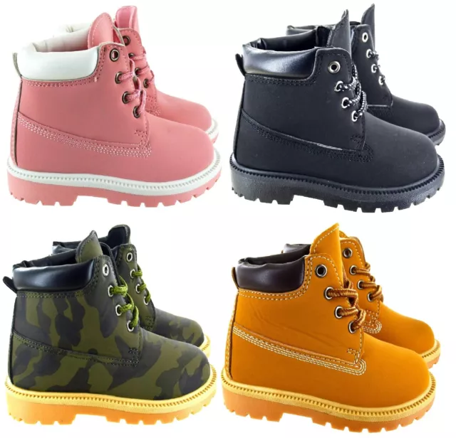 Kids Boys Girls Childrens Infants Flat Ankle Lace Up Hiking Riding Combat Boots