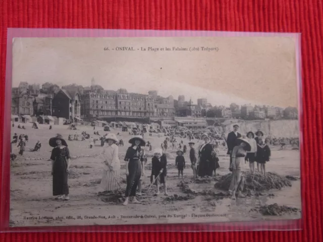 Cpa Ecrite Timbre Onival La Plage Et Les Falaises Cote Treport 76