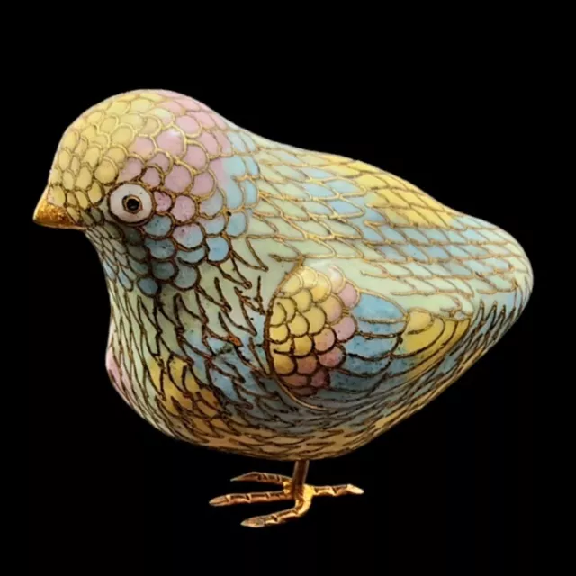 Vintage Chinese Cloisonné Enamel Quail Bird Chick Multicolored Gold Figurine 3"