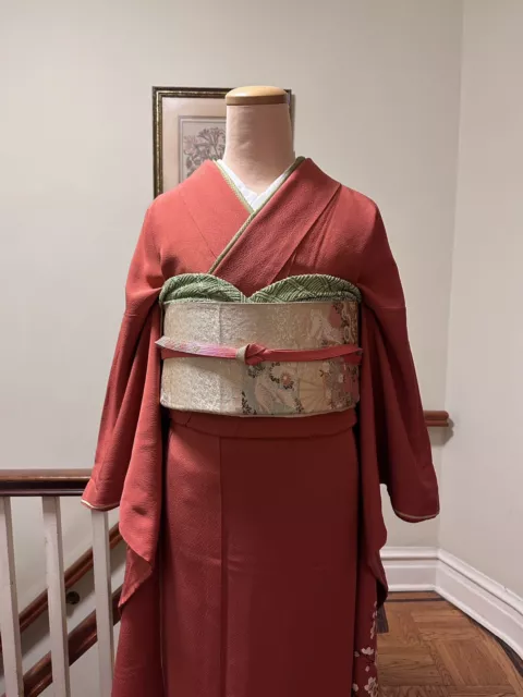 Japanese Vintage Traditional Red Silk Furisode Kimono Robe + Gold Embroidery Obi