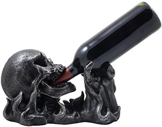 Evil Skull Rising from Flames Wine Bottle Holder Statue in Metallic Look for Sca