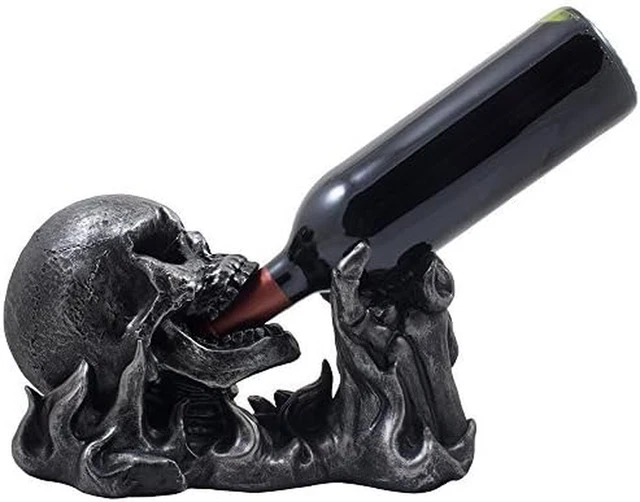 Evil Skull Rising from Flames Wine Bottle Holder Statue in Metallic Look for Sca