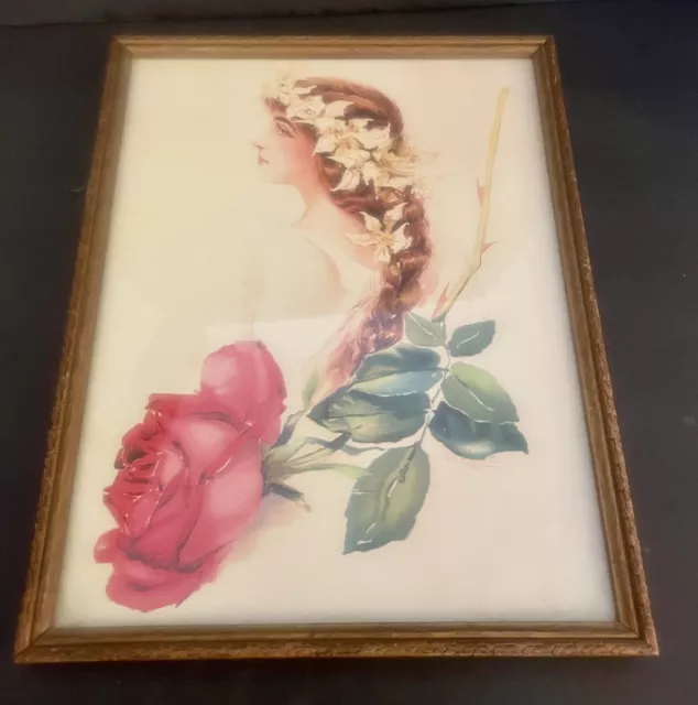 Antique Framed Print Litho Victorian Lady Actress with Large Red Rose Early 1900