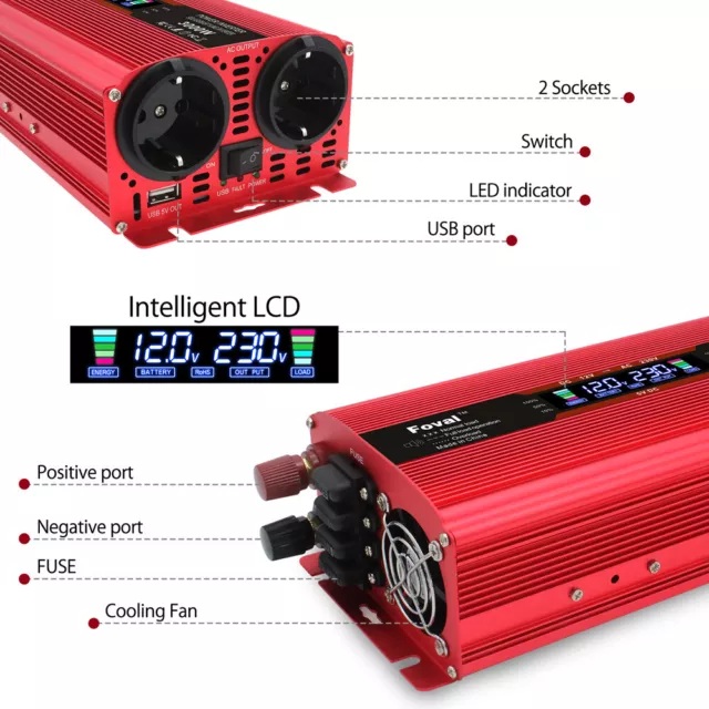1500W 3000W convertidor de tensión inversor de potencia 12V a 230V USB 2AC 3