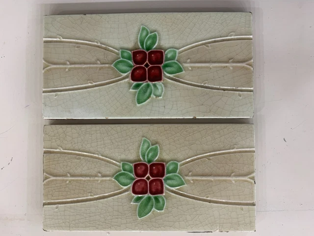 2 Pc Border Tiles 6X3 Inch Antique Majolica Art Nouveau Rare Vintage Collectible