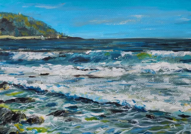 Choppy Sea At Castle Beach, Falmouth, original acrylics on paper 411 w x 297mm h